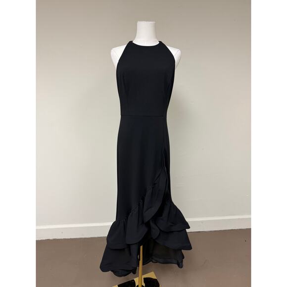 Betsy & Adam Arielle Scuba Crepe Ruffle Slit Asymmetrical Maxi Gown Black Size 8 - Picture 4 of 12